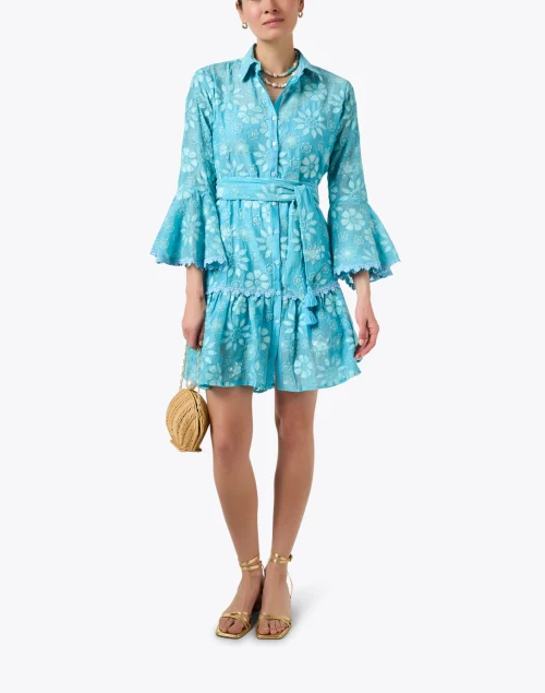 Blue Floral Embroidered Shirt Dress