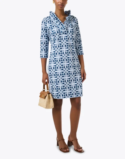 Navy Print Ruffle Neck Dress