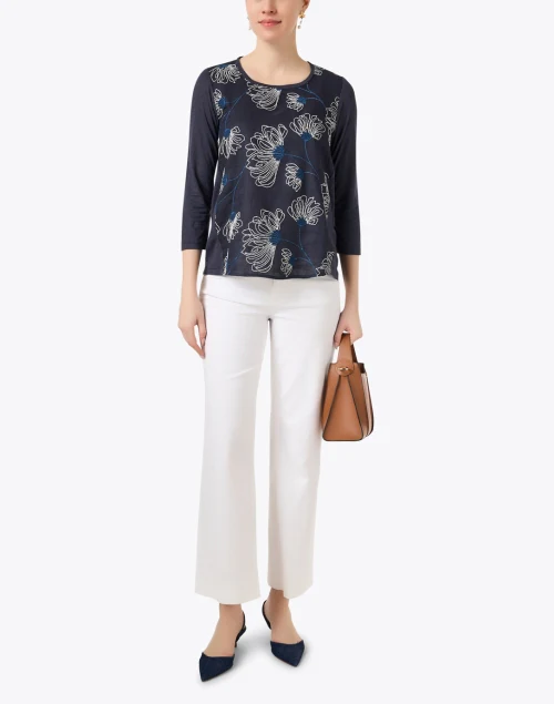 Navy and White Floral Embroidered Top