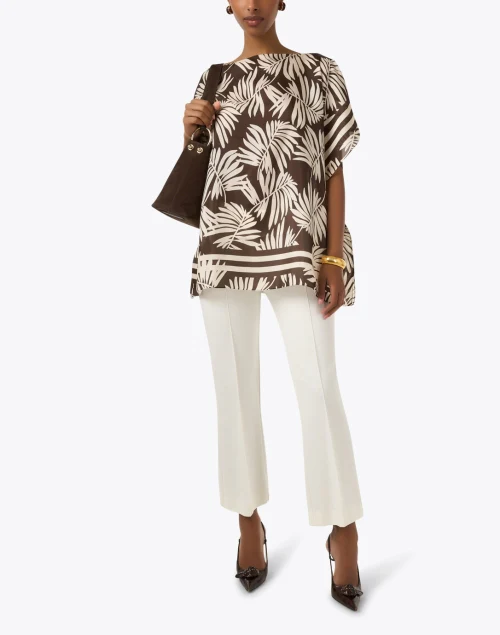 Brown Palm Print Silk Poncho Top