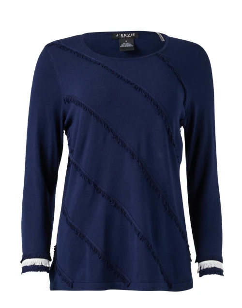 Navy and White Fringe Knit Top