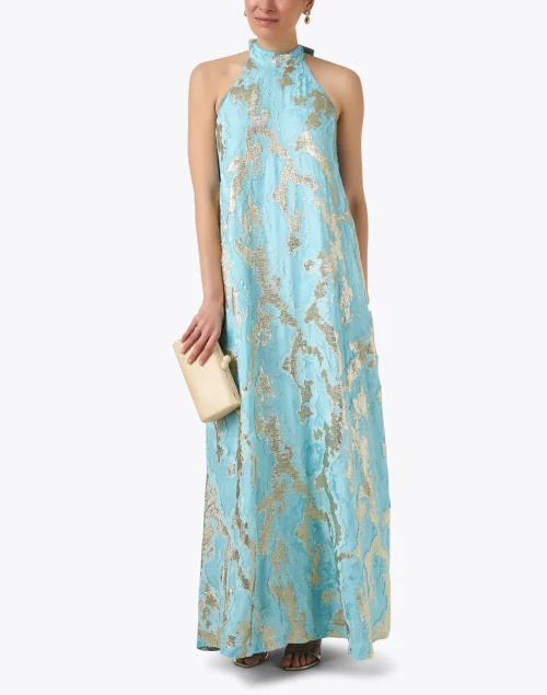 Adelina Turquoise and Gold Jacquard Dress