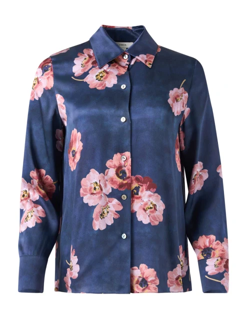 Blue Floral Print Silk Blouse