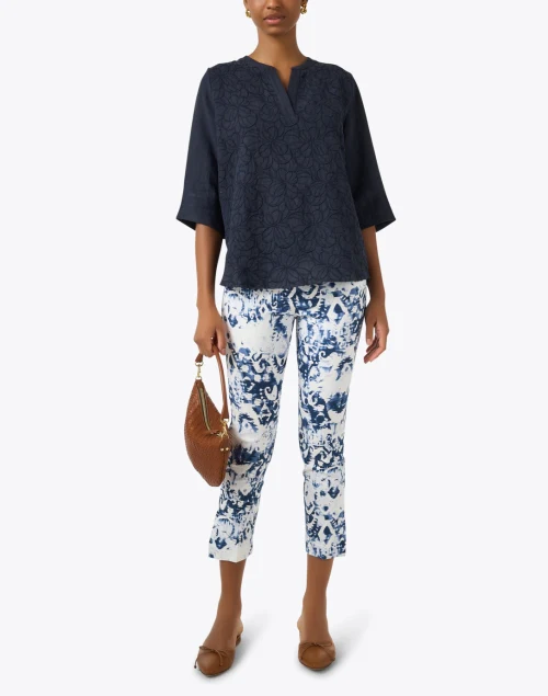 Navy and White Floral Print Pull On Crop Pant