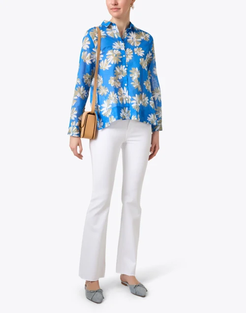 Blue Floral Print Cotton Blouse