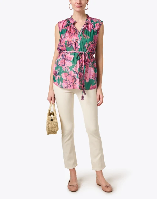Rosette Green and Pink Print Cotton Silk Blouse