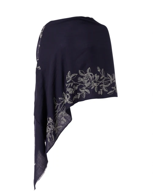Navy and Silver Floral Embroidered Wool Scarf