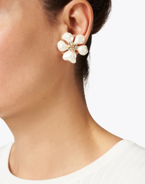 Gold and White Pearl Flower Clip-On Earrings