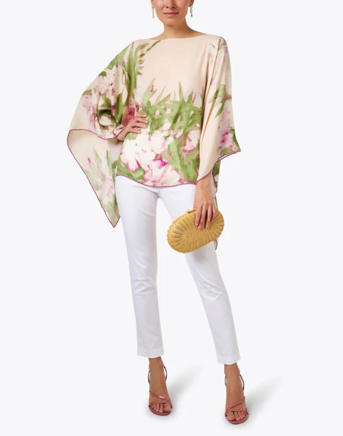 Pink Floral Print Cashmere Silk Poncho