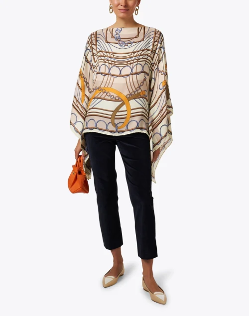 Beige Print Cashmere Silk Poncho