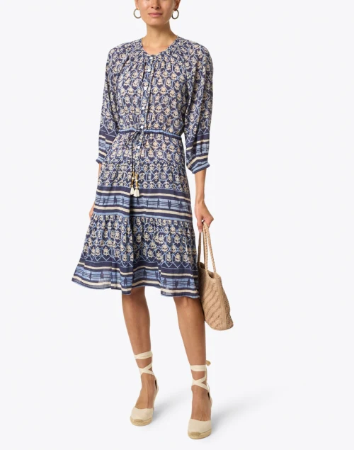 Colette Navy and White Printed Cotton Silk Dress