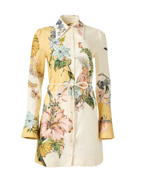 Cream Multi Floral Print Linen Shirt Dress