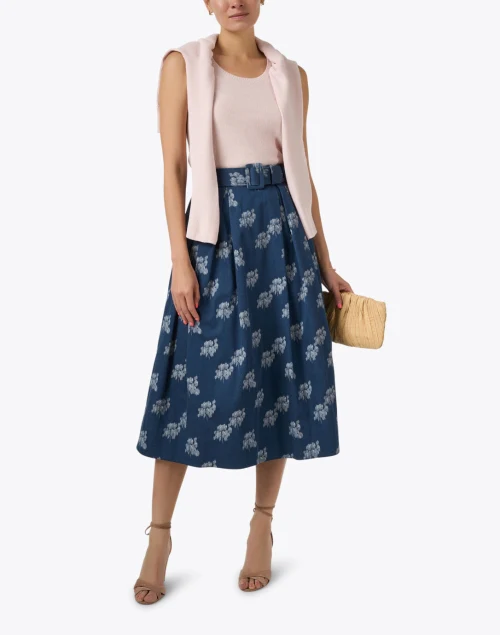 Thea Navy Floral Print Belted Skirt