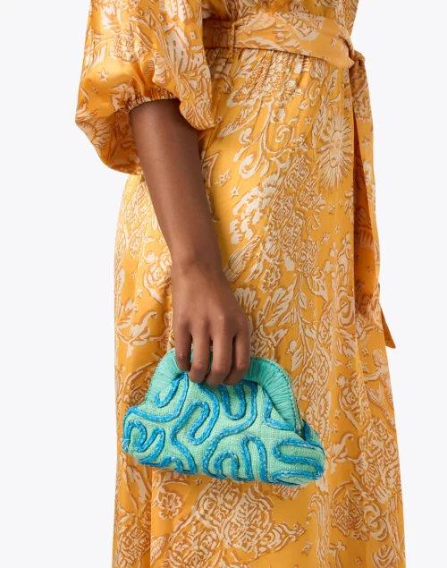 Noemi Green Embroidered Raffia Clutch