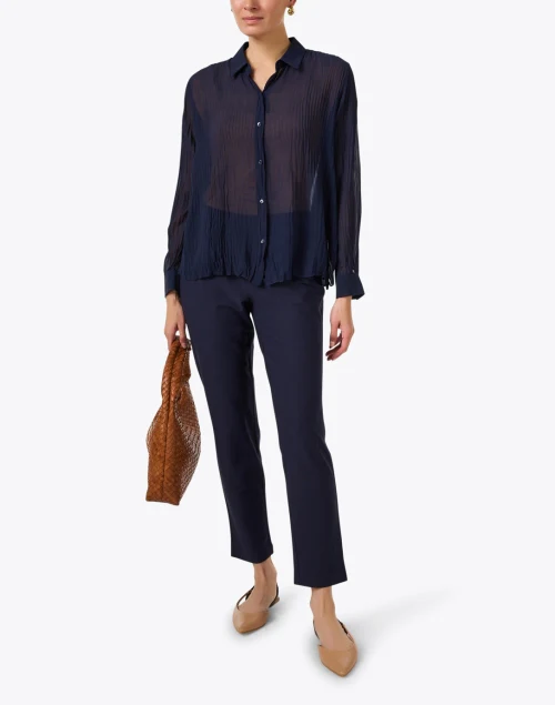 Ink Blue Sheer Crinkled Silk Top