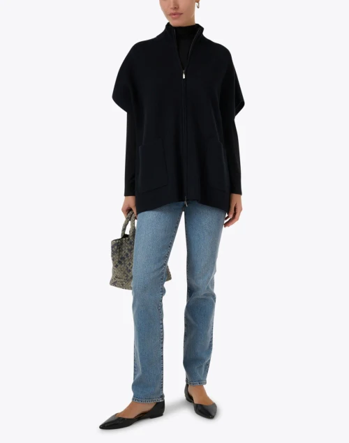Black Wool Cashmere Zip Poncho