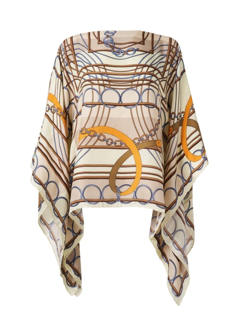 Beige Print Cashmere Silk Poncho