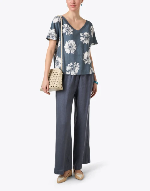 Grey Floral Linen Top
