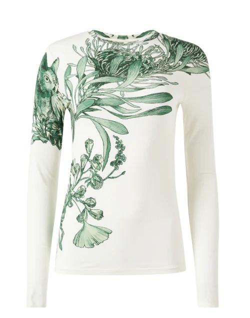 Cream and Green Floral Print Top