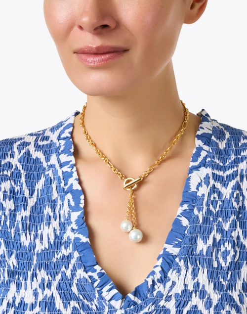 Gold and Pearl Lariat Necklace