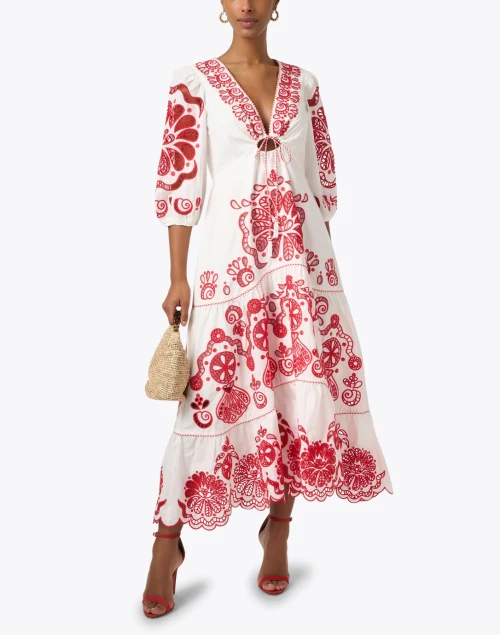 White and Red Floral Embroidered Dress