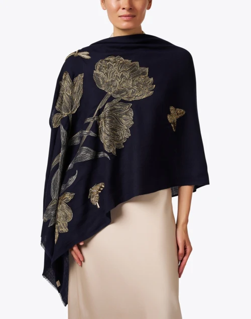 Navy Embroidered Merino Wool Scarf
