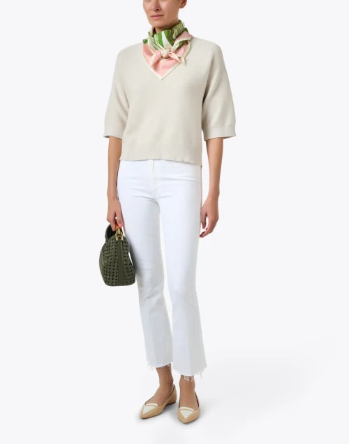 Beige Cotton V-Neck Sweater