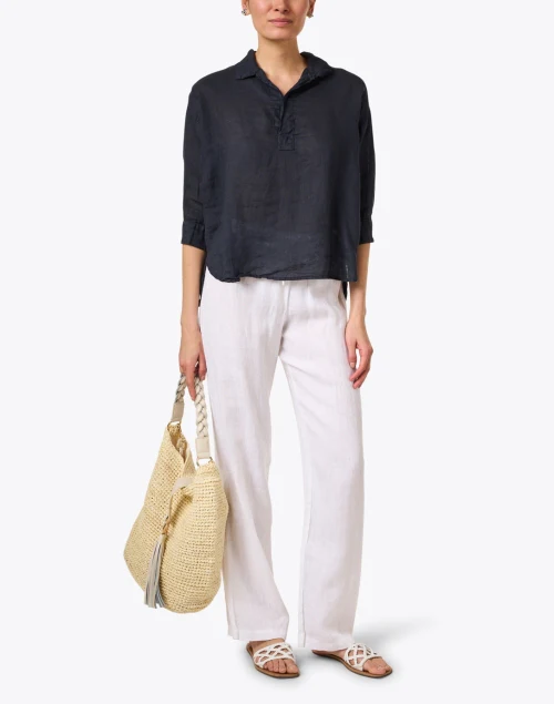 Gigi Navy Linen Henley Top
