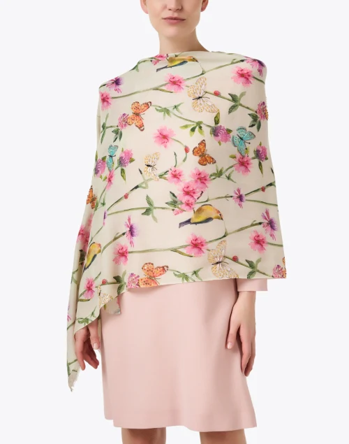 Ivory Floral Print Beaded Scarf