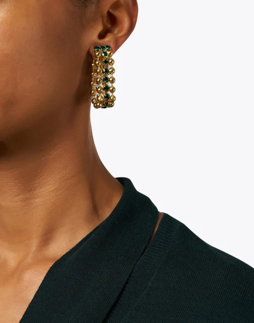 Gold and Green Drop Clip Hoop Earrings