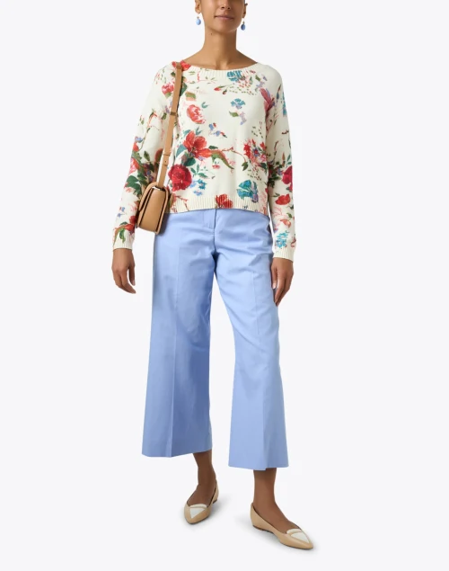 Denis White Floral Print Cotton Sweater