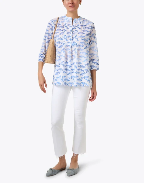 Arles Blue Fish Print Cotton Top