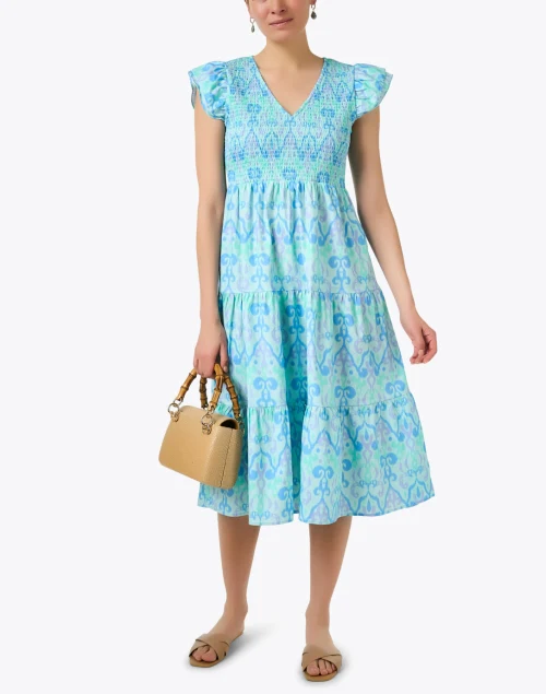 Blue Ikat Smocked Cotton Dress