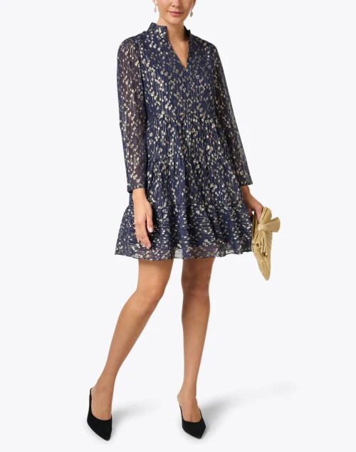 Navy and Gold Metallic Print Dress