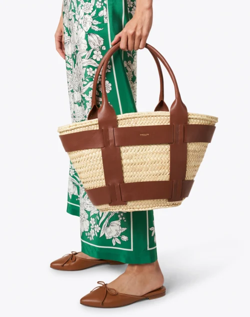 Santorini Cognac Leather Raffia Tote
