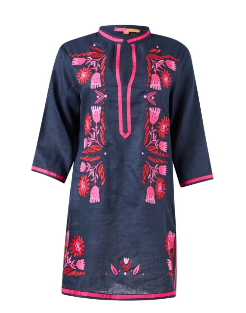 Navy and Pink Embroidered Linen Dress