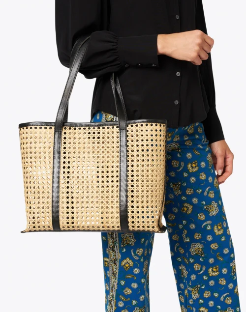 Margot Natural Rattan and Black Leather Tote