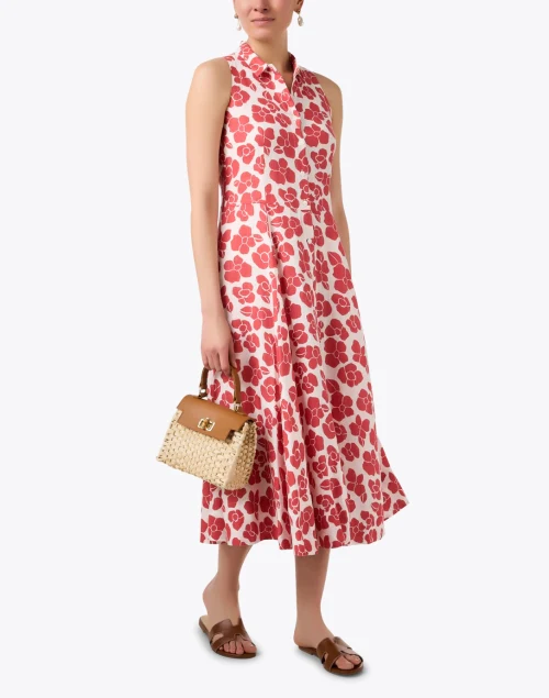 White and Red Floral Linen Shirt Dress