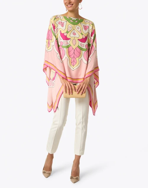 Savoia Pink Printed Cashmere Silk Wool Poncho