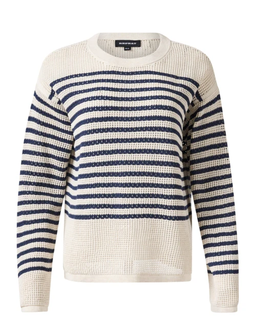 Ivory Striped Cotton Waffle Knit Sweater