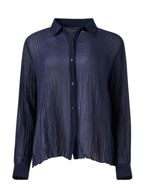 Ink Blue Sheer Crinkled Silk Top