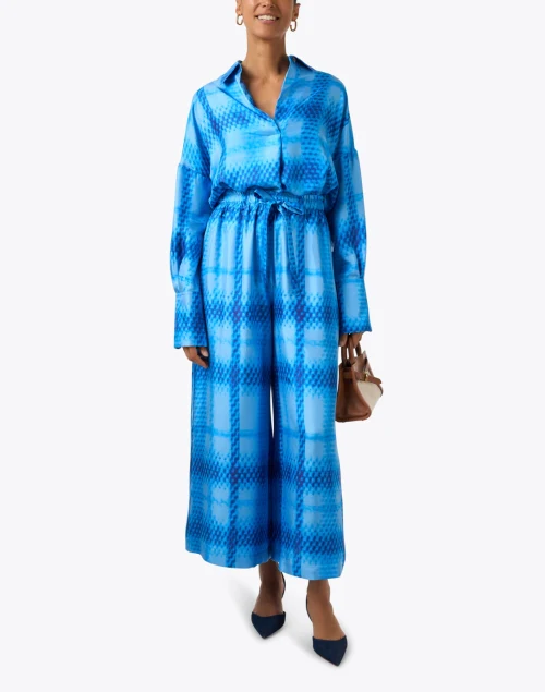 Capri Blue Plaid Wide Leg Silk Pant