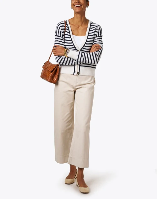White and Navy Striped Cashmere Cardigan
