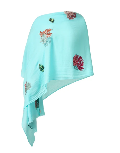 Aqua Embroidered Merino Wool Scarf