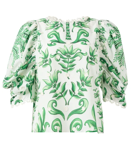 White and Green Print Cotton Blouse