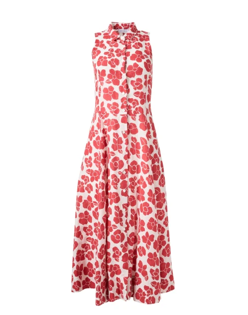 White and Red Floral Linen Shirt Dress