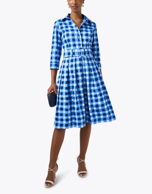 Audrey Blue Check Print Cotton Stretch Dress
