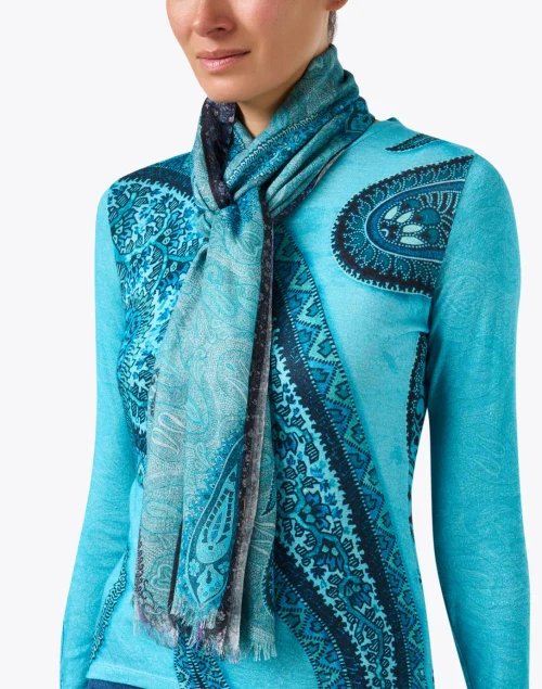 Blue Paisley Print Cashmere Silk Scarf