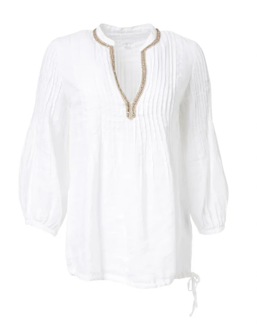 White Embellished Pintucked Linen Shirt