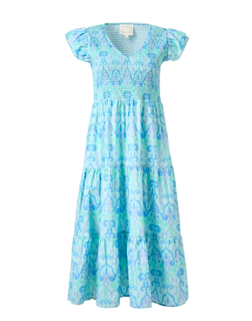 Blue Ikat Smocked Cotton Dress